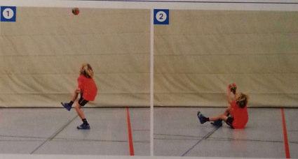 1 Handball Übung 17 - Werfen-Klatschen-Fangen 1 Den Handball im Stand anwerfen, einmal unter einem Bein die Hände zusammenklatschen (Bild 1) und den Ball im Sitzen auffangen (Bild 2).