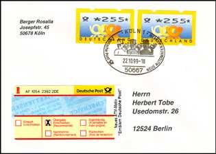 mit 410 Pf, Ersttags-Sonderstempel Köln ATM-SRZ 752 8,00 Sonder-E-Label mit Eindruck "Neues ATM-Motiv Emblem Deutsche Post", mit Kreuz im Feld "Übergabe-Einschreiben", lose ATM-SRZ 760 ausverk.