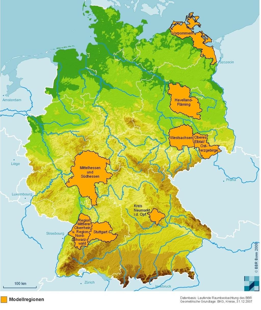 Lage der acht Modellregionen 1. Vorpommern 2. Havelland-Fläming 3. Westsachsen 4.