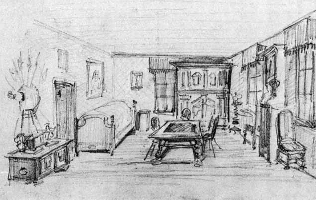 Die Stube im Pfarrhaus Huttwil 1884. Zeichnung K. H. Kasser. und aus den umliegenden Höfen mit den grossen Bauernhäusern.