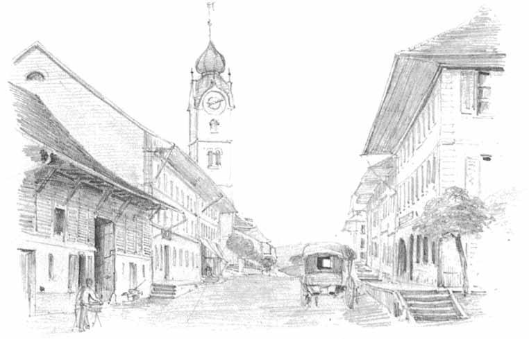 Huttwil, Marktgasse mit «Mohren»-Scheune und Stadthaus. Zeichnung K. H. Kasser, Mai 1883. denken, die Folgen verfrühten ehelichen Zusammenseins schon sehr sichtbar.