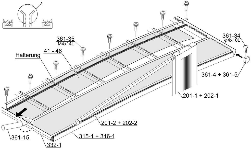 8) Montage der Dachkonstruktion und PC-Abdeckung. Ziehen Sie die blaue Schutzfolie an der Unterseite der PC-Dachplatten [4-46] ab und legen Sie diese auf die Längsträger.
