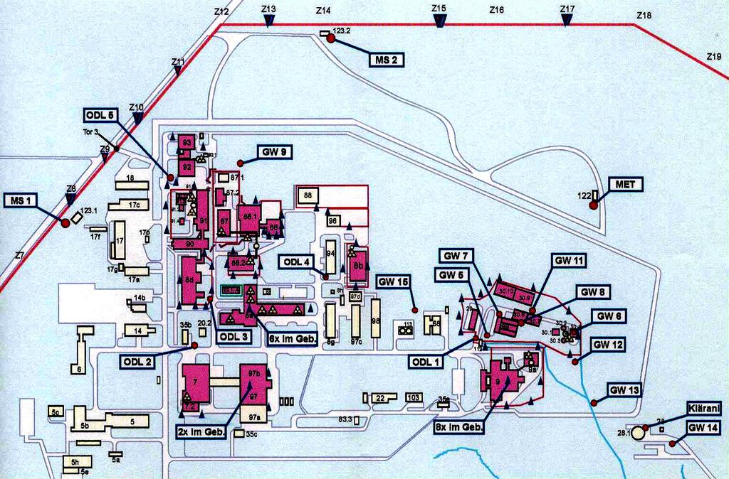 Abbildung 9: Gebäudeplan des inneren Bereiches des FS Rossendorf (Ausschnitt einer Karte aus /15/).