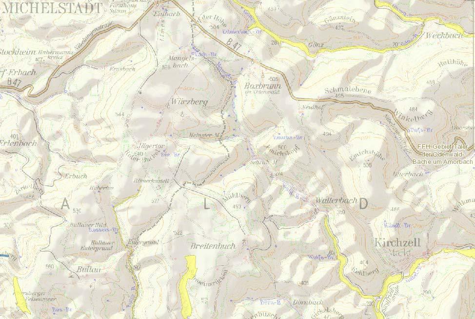 Zudem ist das betreffende WEA-Plangebiet bei Würzberg umgeben von FFH- Bachläufen (siehe Karte: gelb markiert), die natürlich als essenzielle Nahrungshabitate für den Schwarzstorch dienen und die