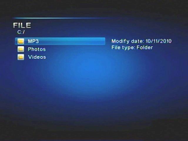 File 1. Im Menü Select Media den Menüpunkt File auswählen. 2. Mit [OK] bestätigen, um alle gespeicherten Dateien anzuzeigen. 3.