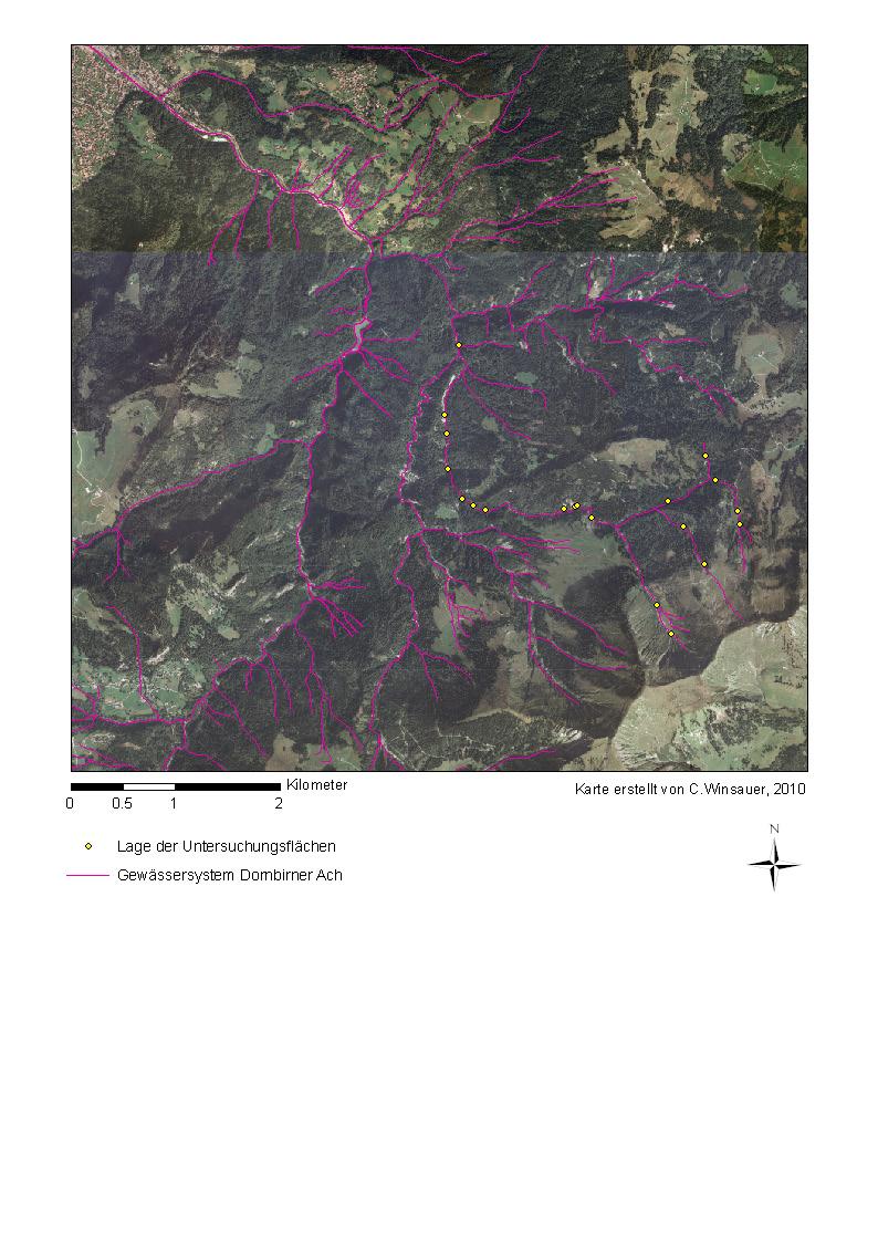 Karte 2: Luftbild des Untersuchungsgebiets (Quelle: Bundesamt für Eich und Vermessungswesen); Gewässersystem der Dornbirner Ach (Quelle: