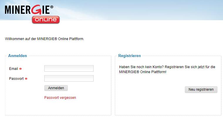 Anmeldung auf der Minergie Online Plattform Email und Passwort eingeben,