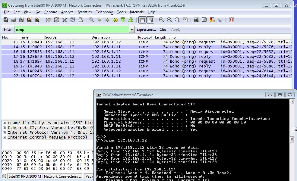 Beachten Sie, dass wieder Daten im oberen Fenster von Wireshark erscheinen.