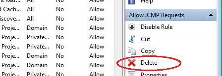 Zum dauerhaften Löschen der ICMP-Regel klicken Sie auf Delete.