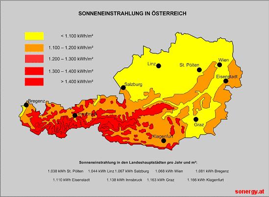 Solar- Energie in Österreich Die Sonnenstrahlung, die senkrecht auf die Erdatmosphäre fällt, beträgt 1.367 W/m². Von diesen 1.367 W/m² an der Erdatmosphäre erreichen 50 W/m² (starke Bewölkung) bis 1.