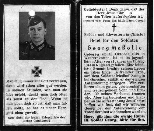 88 SCHWERPUNKTTHEMA: KRIEG, FLUCHT UND VERTREIBUNG Totenzettel des Soldaten Georg Maßolle. verteidigte ihre Geschütze mit dem Gewehr in der Hand.
