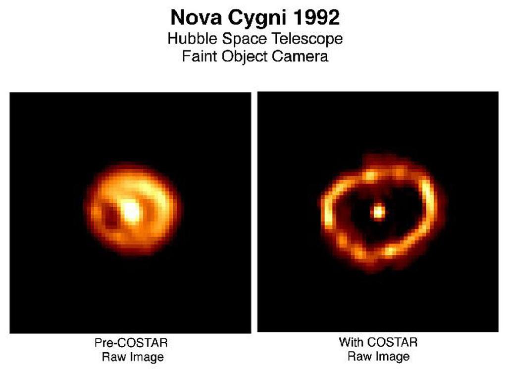 Das HST hat eine im Februar 1992 explodierte Nova in Cygnus kurz nach dem Ereignis fotografiert. Man erkennt die sich ringförmig ausdehnenden, abgesprengten Gasmassen.