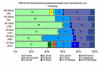 WEM Interpretation: Baumartenanteile / Höhenklassen 2007: gute Mischung in 1. Höhenklasse Tanne u. Eiche unter 30cm 2009: 1.