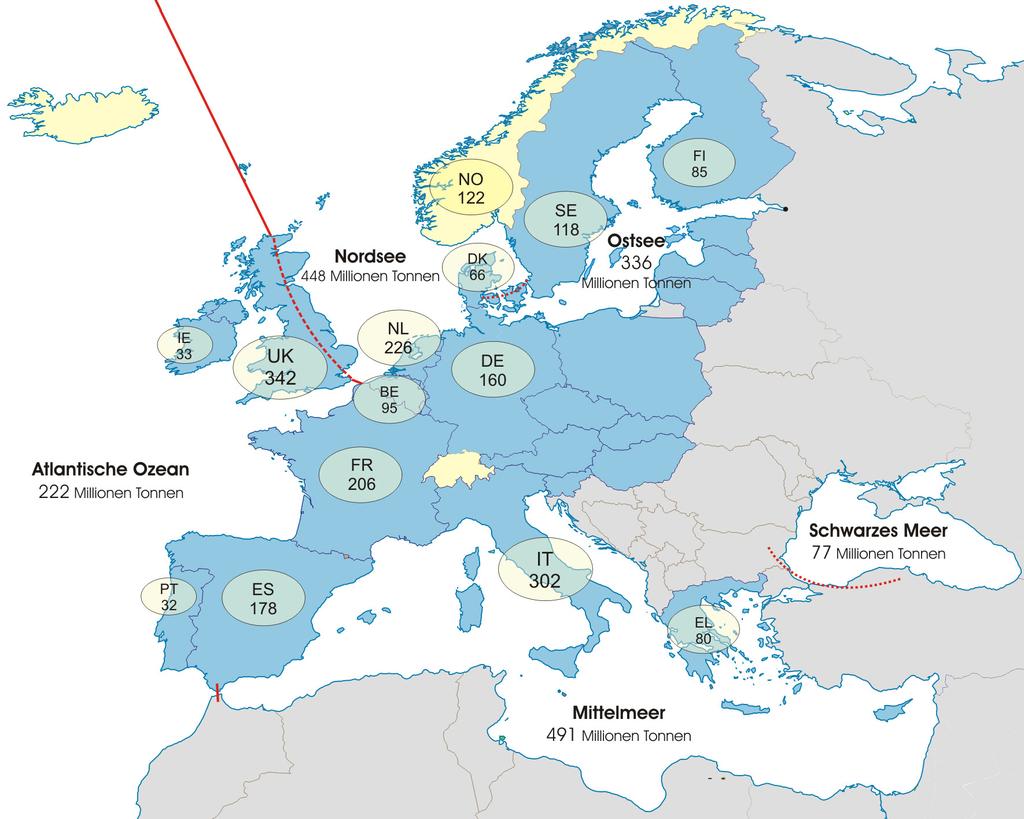 nach Meldeländern und nach See-/Meeresregionen Karte 1: von EU-15 nach See-/Meeresregionen und nach Meldeländern - Millionen Tonnen, 23 In allen Mitgliedstaaten von EU-15 und in Norwegen machte der