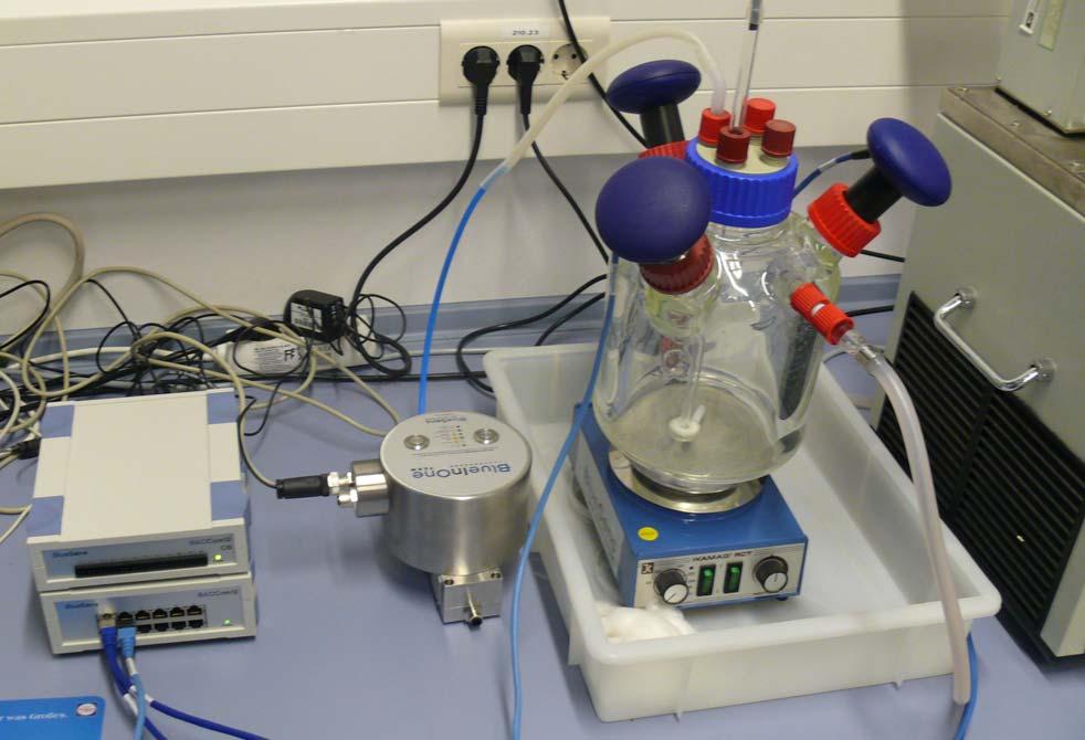 D A E B F G H C I J Abb: 2 A Abgasschlauch vom Fermenter zum Analysator BlueInOne F Sensoren für inline Messung von O2, CO2 und Ethanol B BlueInOne für CO2 und O2 Messung G Glasfermenter mit