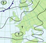 Flache Druckverteilung 20 Über West- und Mitteleuropa sind die Druckgegensätze nur gering, auf der Wetterkarte am grossen Abstand der einzelnen Isobaren zu erkennen.