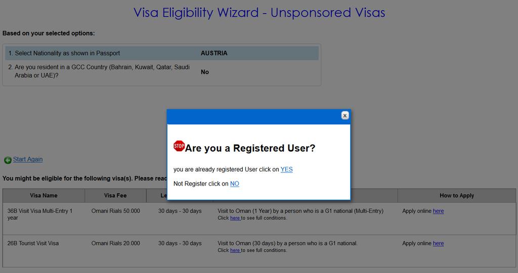 Bitte wählen Sie hier 26B Tourist Visit Visa und klicken sie daneben auf Apply online here. Bestätigen Sie im nächsten Schritt mit YES, dass Sie bereits ein Benutzerkonto registriert haben.