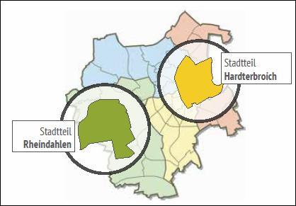 Umsetzung Auswahl von 2 Stadtquartieren stellvertretend für die gesamte Stadt eine ländliche Umgebung: Rheindahlen eine eher städtische Umgebung: Hardterbroich im Kleinen sollen hier Technologien