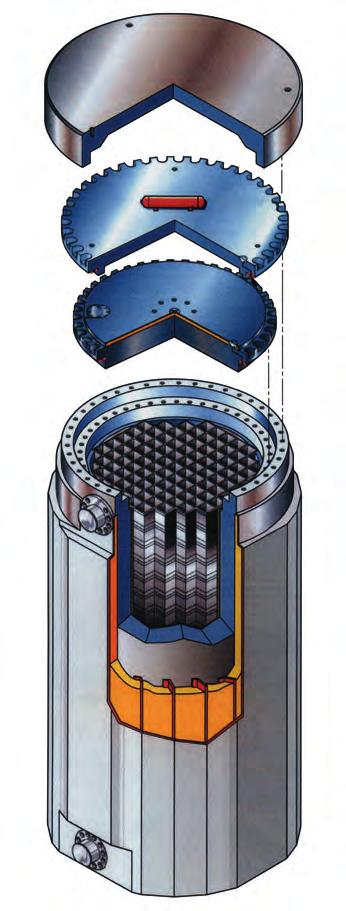 28) Primärdeckel Neutronenabsorber Korb für ausgediente Brennelemente Behälterwand (35 cm) Tragzapfen Stahlmantel Kühlrippen Wärmeübertragung