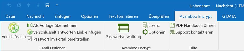 E-Mail verschlüsseln Avamboo Encrypt befindet sich nun in jedem eigenständigen Fenster zum Verfassen einer neuen E-Mail.