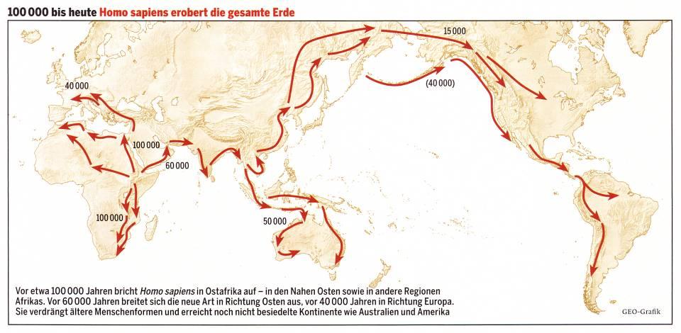 - 145 - Stand, von einigen Forschern aber bestritten) nach Amerika aus, unter Verdrängung und/oder Ausrottung der Neanderthaler (möglicherweise auch Vermischung?). Aus der Frühphase dieser Wanderungen in Europa am bekanntesten ist der "Cro-Magnon- Mensch" mit seinen Höhlenmalereien im Mittelmeerraum.