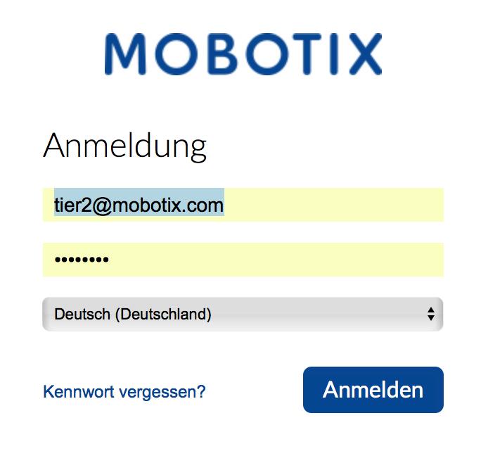 1. MOBOTIX Partner verkauft an Endkunde 1.1. Anmeldung MOBOTIX Partner erhält Email von Mx oder seinem EGH mit den Zugangsdaten Ändern Sie ihr Passwort!!! URL zum Anmelden: https://mobotixfno.