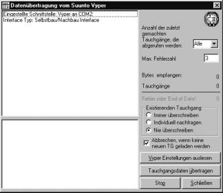 Wenn die Funktion Extras " Tauchcomputer " Suunto Vyper angewählt oder die Taste F5 betätigt wird, erscheint ein weiteres Fenster: Mit dem Befehl Daten übertragen wird die Verbindung zum Suunto Vyper