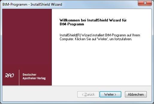 Nach der Vorbereitung des Setups erscheint das Fenster Willkommen bei InstallShield Wizard für BtM-Programm.