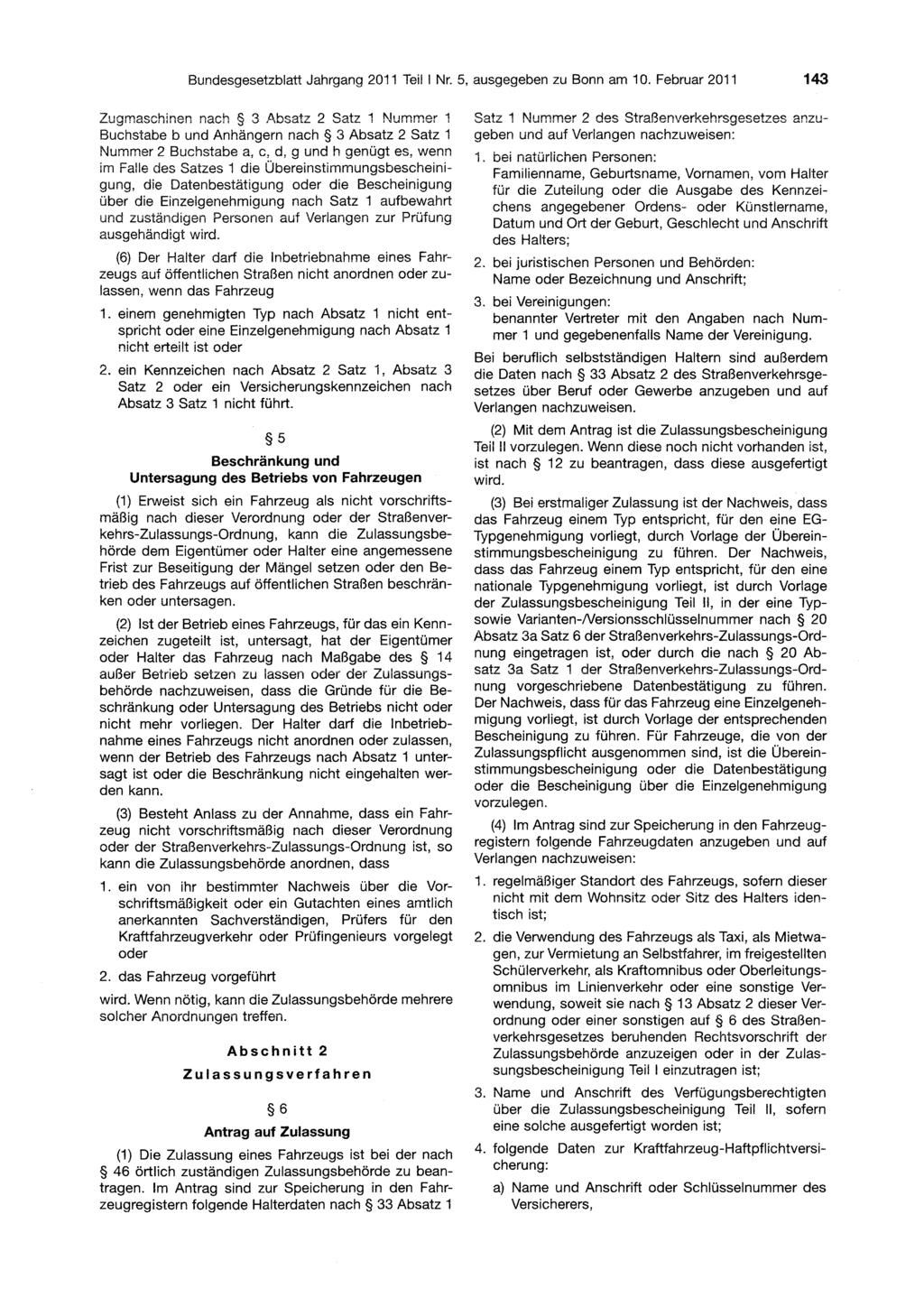 Bundesgesetzblatt Jahrgang 2011 Teil Nr. 5, ausgegeben zu Bonn am 10.