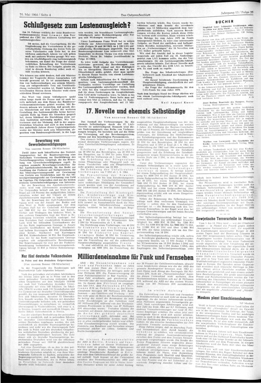 'Iß. Mai 1964 / Seite 4 Das OstpreuRenblatt Jahrgang 15 / Folge- 20 Schlußgesetz zum Lastenausgleich? Am 24.