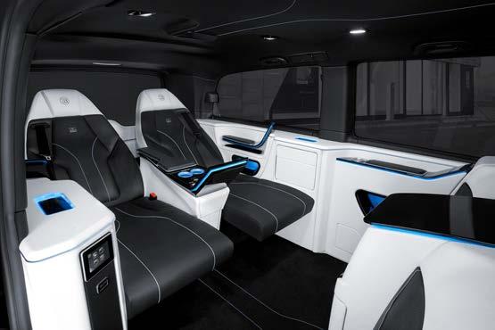 BRABUS Business Lounge Interior with 2 business lounge seats with electrically extending foot rests as well as 2 electrically extending assistant seats, BRABUS multimedia center with Touch Control