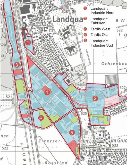 4.10 Landquart-Zizers Ausgangslage Lage: Perimeter Teilgebiete (TG) Verfügbarkeit von Das Arbeitsgebiet umfasst folgende Teilgebiete: - 1.TG Landquart Industrie Nord - 2. TG Landquart Fabriken - 3.