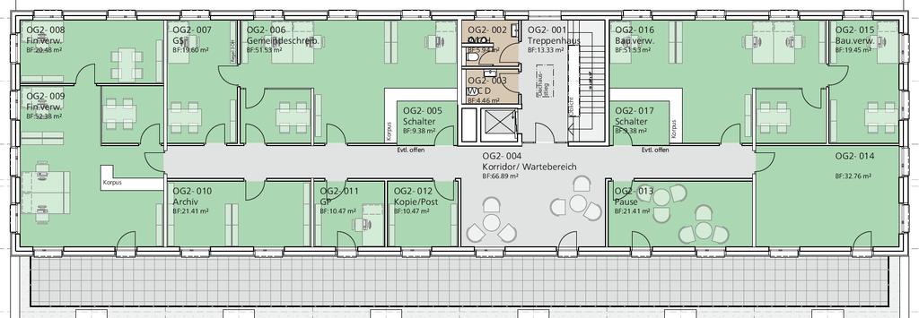 400 m 2 der Einbau einer Gemeindeverwaltung absolut möglich ist und zudem etwas Reservefläche vorhanden bleibt, um der in Ziffer 1 erwähnten Anfrage ebenfalls gerecht zu werden.