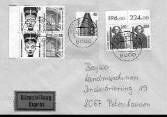 Juli 1993 verwendete Heftchenblätter 32 sind mit Tagesstempeln sehr selten - so die Aussage von MICHEL (siehe Abbildung) 49,50 81-1604 E-Brief frankiert mit H-Blatt 38v, portogerecht, Werbestempel