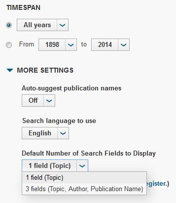 Basic Search in allen Datenbanken Die Basic Search bietet standardmäßig ein Suchfeld (Topic). Über die Funktion Add Another Field werden weitere Suchfelder hinzugefügt.