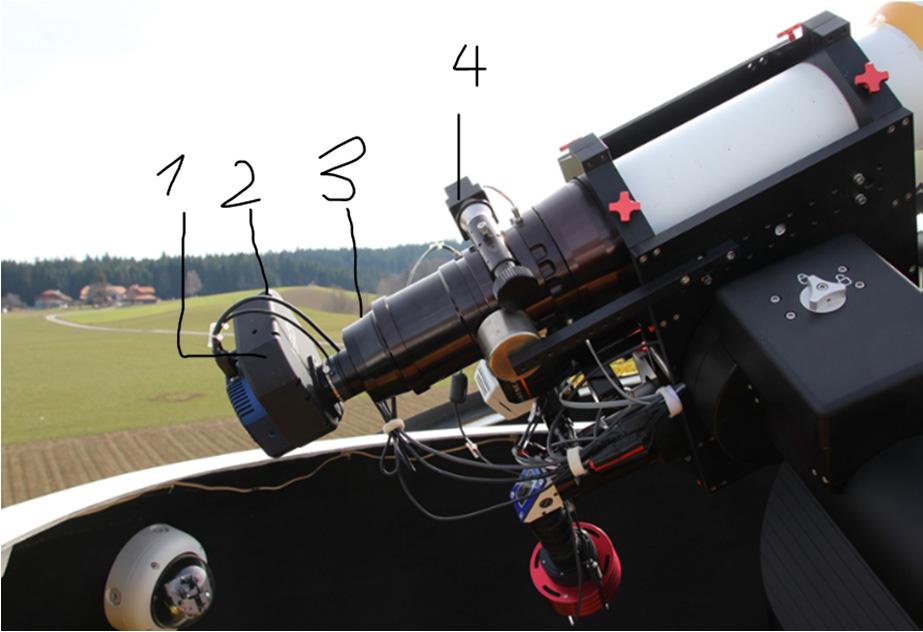 4: Das Aufnahmeteleskop für die Exoplanetenbeobachtung in der geöffneten Kuppel des Sonnenturm Uecht Abb. 5: Detailansicht des Aufnahmeteleskops. 1: CCD Kamera. 2: Filterrad.