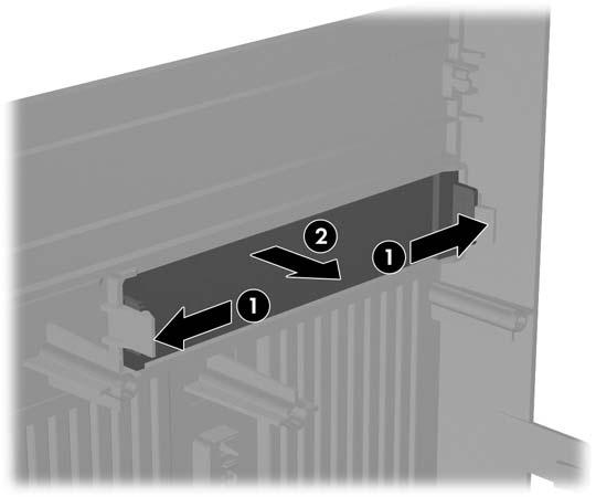 Entfernen einer 3,5-Zoll-Laufwerksblende Wenn im 3,5-Zoll-Laufwerksschacht des Computers bei Lieferung kein Laufwerk eingebaut ist, wird der Schacht von einer Blende abgedeckt.