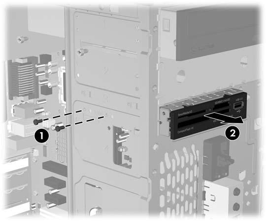 Herausnehmen eines 3,5-Zoll-Medienkartenlesegeräts oder Diskettenlaufwerks In den externen 3,5-Zoll-Laufwerksschacht kann ein Diskettenlaufwerk oder ein Medienkartenlesegerät eingebaut werden.