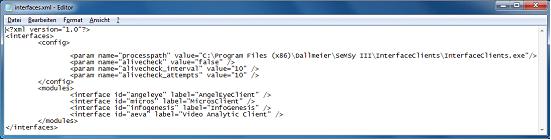 Abb. 3-19 ¾¾Editieren Sie den Eintrag in der Zeile processpath. 64 Bit-Systeme: C:\Program Files (x86)\dallmeier\semsy III\InterfaceClients\InterfaceClients.