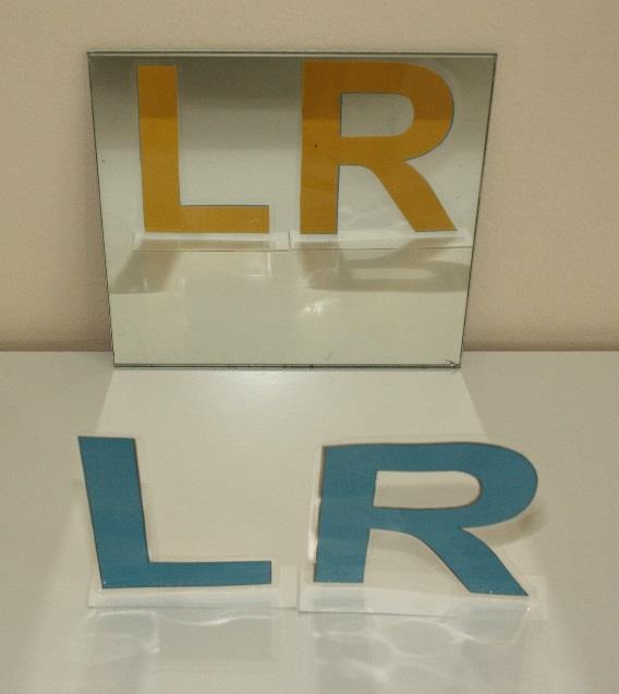 Experiment 1D: Buchstaben-Experiment Stelle das L (für links) und das R (für rechts) wie auf dem Foto vor den Spiegel. Betrachte das Spiegelbild und vergleiche mit dem Buchstaben vor dem Spiegel.