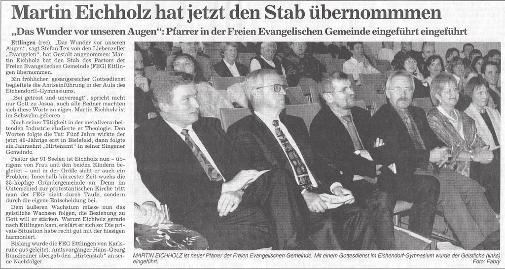 1999 Gemeindeversammlung FeG Karlsruhe beschliesst Selbstständigkeit der FeG Ettlingen 28.5. 4.6.1999 1.