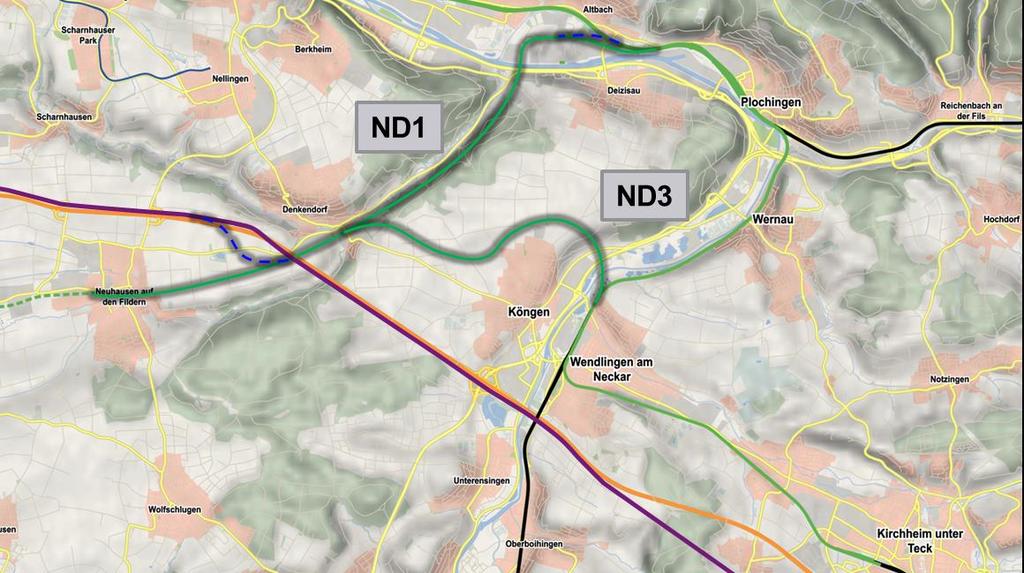 Mögliche Trassen über Neuhausen Variante ND1: S2 nach Nürtingen / S7 Böblingen Göppingen ND3: S2 nach Kirchheim / S7 Böblingen Nürtingen