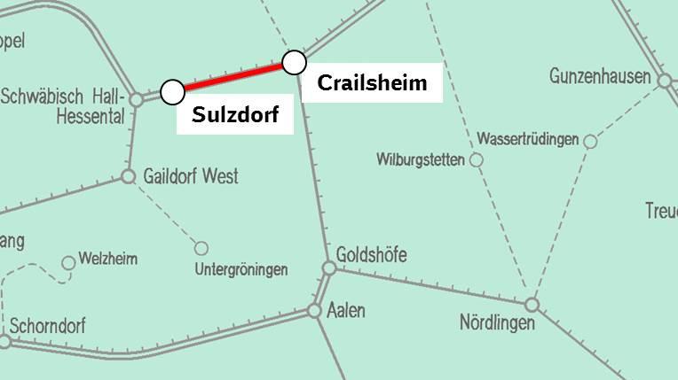 Sulzdorf Crailsheim Lage im Netz Gleisarbeiten zwischen Sulzdorf und Crailsheim Fernverkehr nicht betroffen Baumaßnahmendaten Strecke: Backnang Crailsheim Betroffener Abschnitt: Sulzdorf - Crailsheim