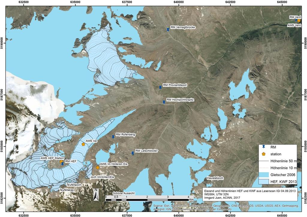 B-3 Abbildung 3: Übersichtskarte Rofental mit der Lage der Gletscher, Regenmesser (RM) und