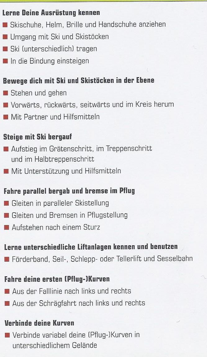 Vergleich Dt. Skilehrerv. Dt. Skiverband DSLV DSV Lernebene grün Einsteiger DVS Weg zum Parallelen Kurvenfahren mit methodischen Alternativen 1. Ausrüstung kennen und fühlen lernen 2.