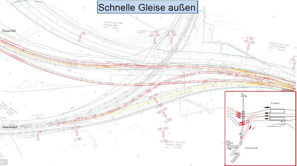 Trassierungsentwürfe für den Bereich Hanau Wolfgang