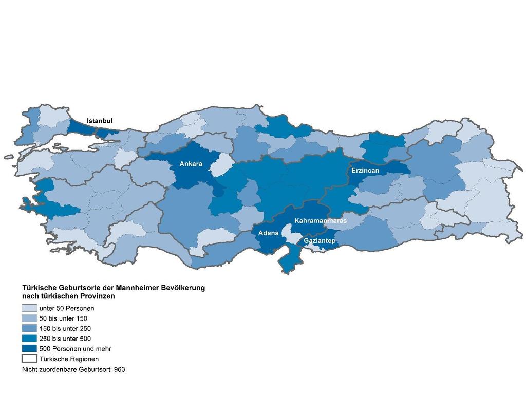 Gebürtigkeit weltweit Bei 963 Einwohnerinnen und Einwohnern mit türkischem Geburtsort war keine räumliche Zuordnung der Klartextangabe möglich. Dagegen konnten die türkischen Geburtsorte von 13.