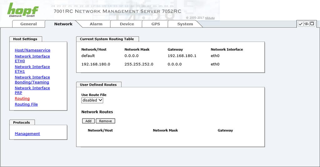 HTTP/HTTPS WEBGUI WEB BROWSER KONFIGURATIONSOBERFLÄCHE 6.3.2.5 Routing Wird die Karte nicht nur im lokalen Subnetz eingesetzt, muss eine Route konfiguriert werden.