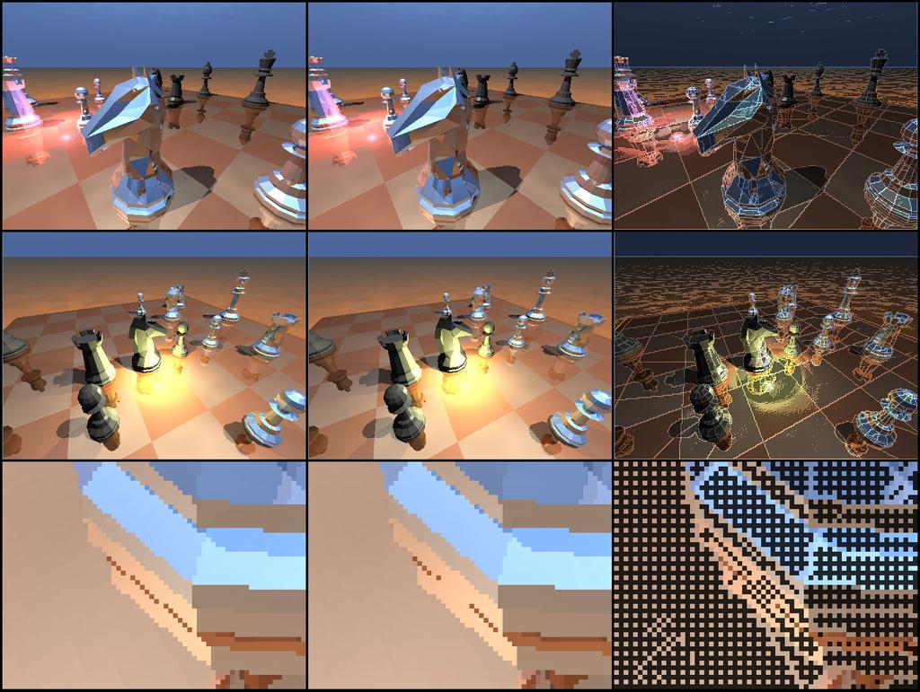 Abbildung 4 : adaptive Unterabtastung, Szene 1, Szene 2, Ausschnitt aus 1 Abbildung 4 zeigt zwei Szenen, links bei Verwendung von einem Primärstrahl pro Pixel, in der Mitte das Ergebnis unter Nutzung