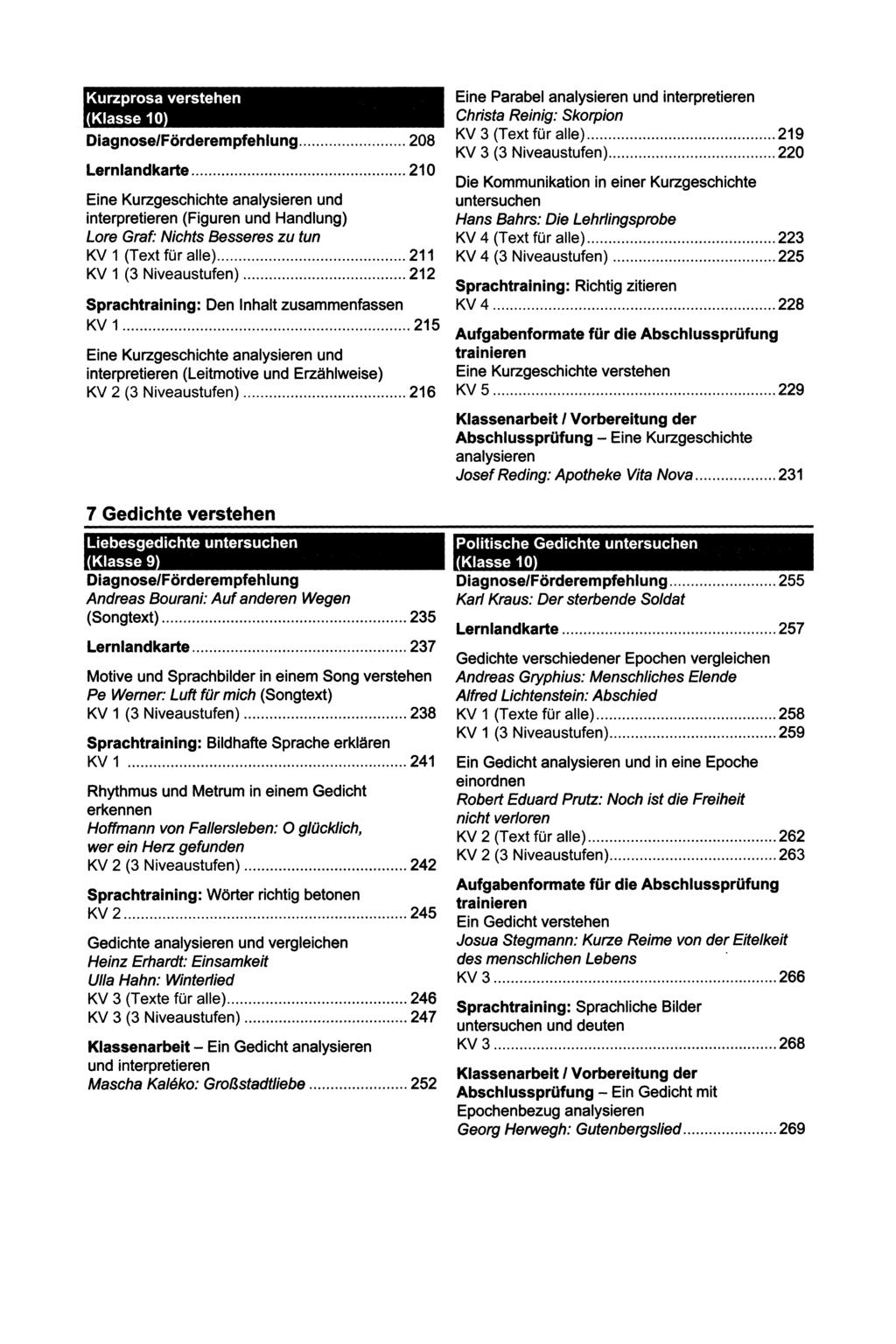 Diagnose/Förderempfehlung... 208 Lernlandkarte... 210 Eine Kurzgeschichte analysieren und interpretieren (Figuren und Handlung) Lore Graf: Nichts Besseres zu tun KV 1 (Text für alle).
